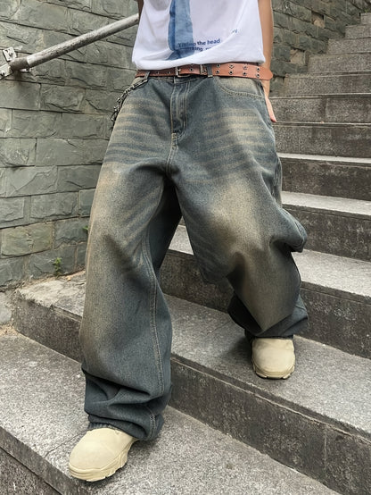 Men'S Casual Loose Fit Jeans, 90% 5% Polyester 5% Bamboo Rayon Rayon Blend, Solid Color Washed Denim, All-Season Non-Stretch Woven Fabric, Regular Length, Allseason Pants | Stylish Casualwear | Nonstretch Denim