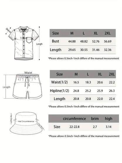 Men's 3pcs retro Outfit beach set, Golden chains sportswear, Hawaiian sportswear set, shirt beach shorts and fisherman hat Bucket Hat
