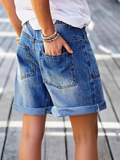Plus Size Women Summer Clothes Women'S Stretchy And Simple Large-size Denim Shorts - Loose High-waist, Water-washed Finish, Rolled-edge Wide-leg Stretch Fabric, Comfortable And Versatile For All Occasions