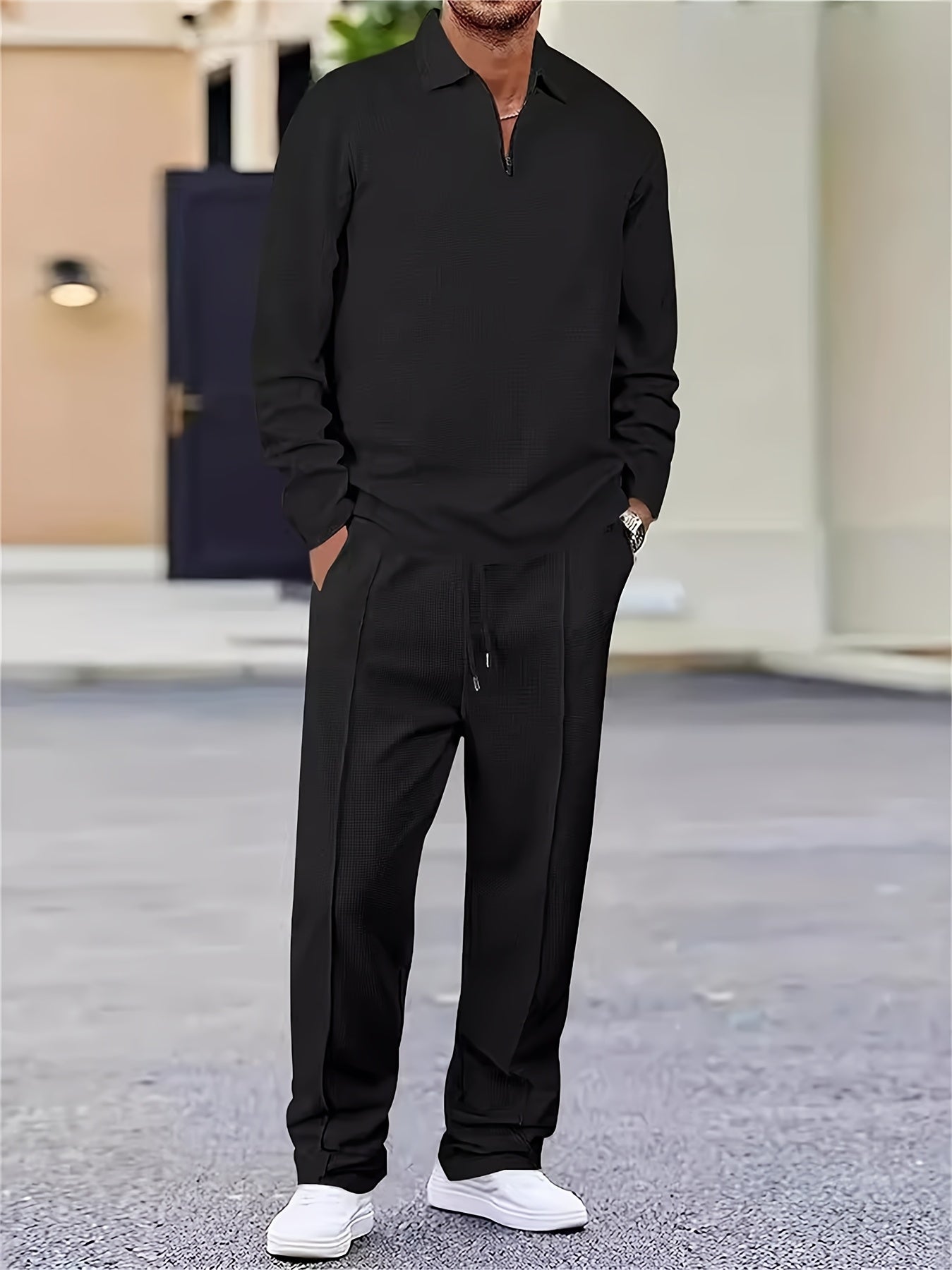 Mens 2pcs Outfits, New Spring Fall Waffle Knit Long Sleeve Top & Pants Set, Comfortable Breathable Casual Sports Tracksuit for Daily Workout