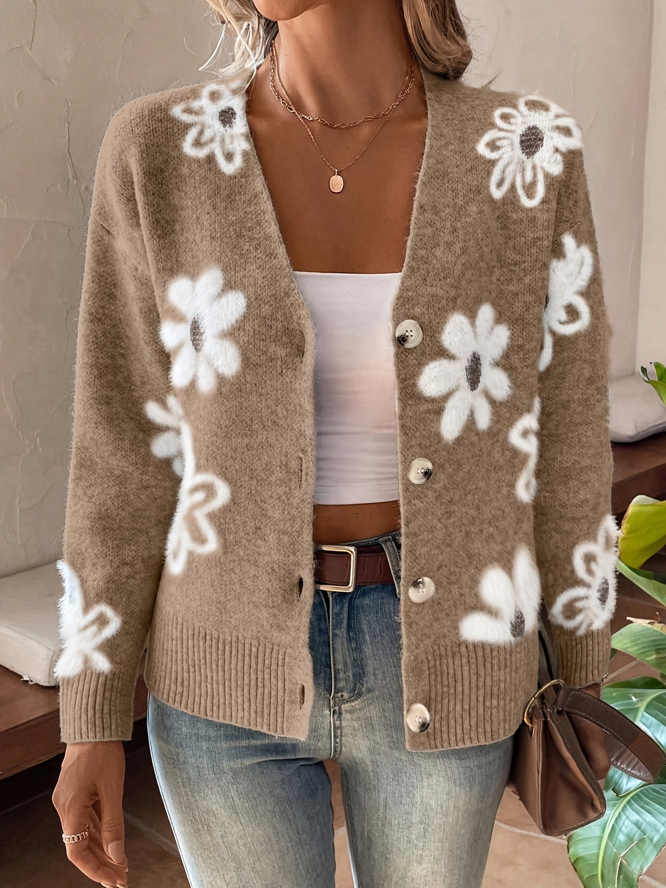 Women's Printed Button Cardigan V-neck Drooping Shoulder Coat