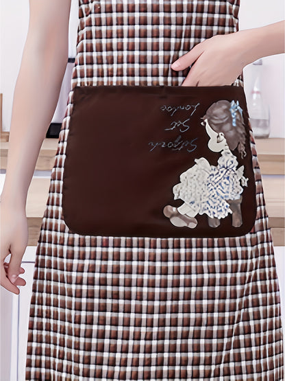 Stylish Unisex Plaid & Floral Portrait Print Apron - Red & Black Mix, Machine Washable with Front Pockets, Sleeveless Design for Kitchen, Home, or Flower Shop Use, Cute Apron, Kitchen Wear, Elegant Kitchenwear, Practical Kitchen Item