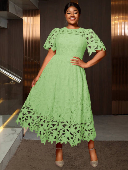 Plus Size - Plus Size - Plus Size Round Neck Lace Dress, Elegant Midi Length with Waist Definition, Formal Banquet And Evening Gown