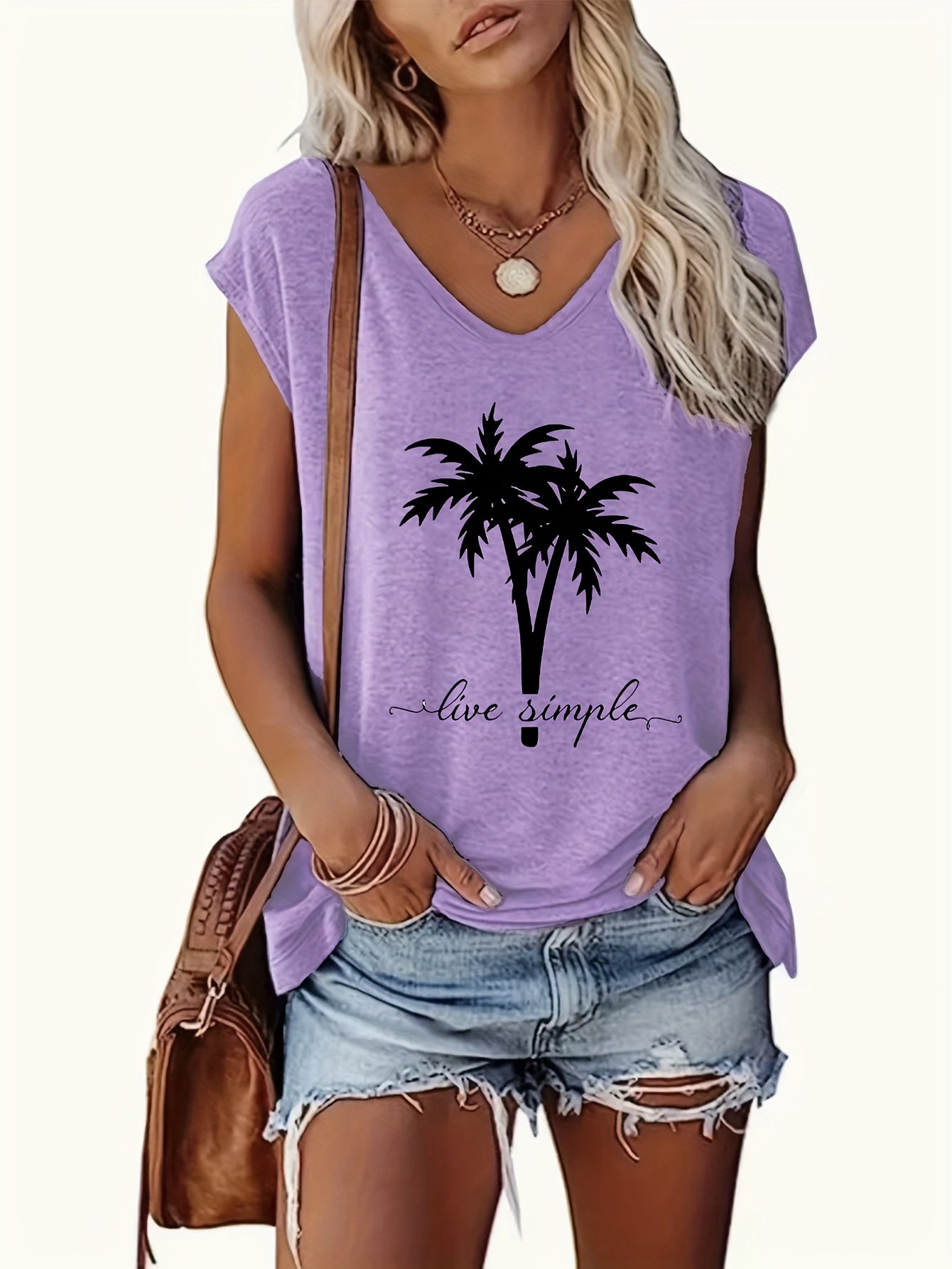 Loose Fit V-neck Short Sleeve T-shirt, Geometric Palm Tree Design- Summer Casual Top, Machine Washable