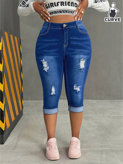Women'S Plus Size High Waist Distressed Denim Capris, Stretchy Slim Fit Dark Wash Rolled Hem Knee-Length Jeans, Butt Lifting Casual Summer Cropped Pants for Curvy Figures