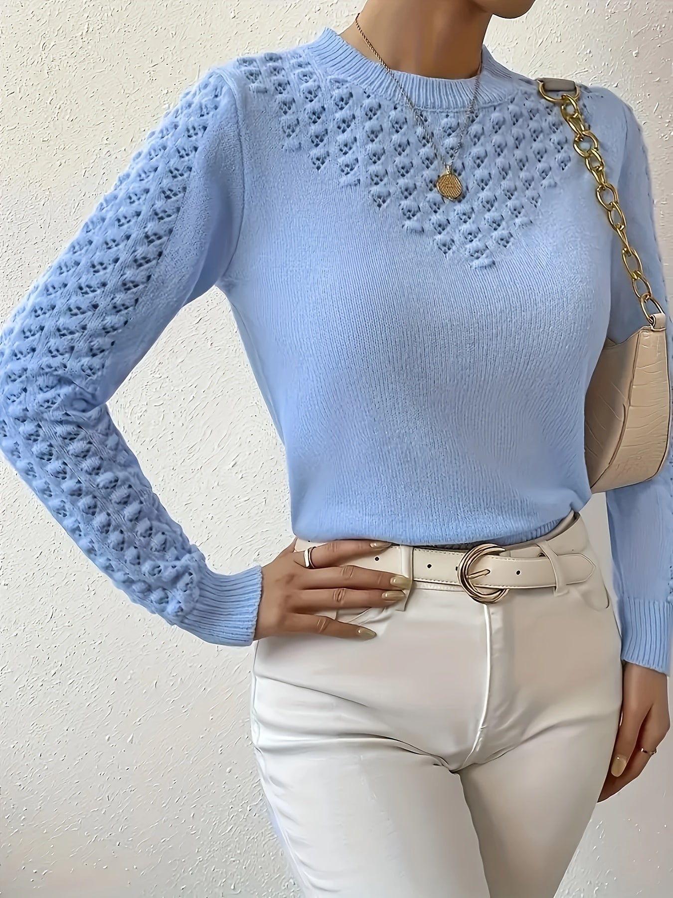 Women'S Casual Crew Neck Sweater - Soft Light Blue Pullover with Ribbed Detailing, Long Sleeves, And Front Pockets for Casual Attire, Casual Wear Sweater | Crew Neck Sweater | Construction, Sweater Dress