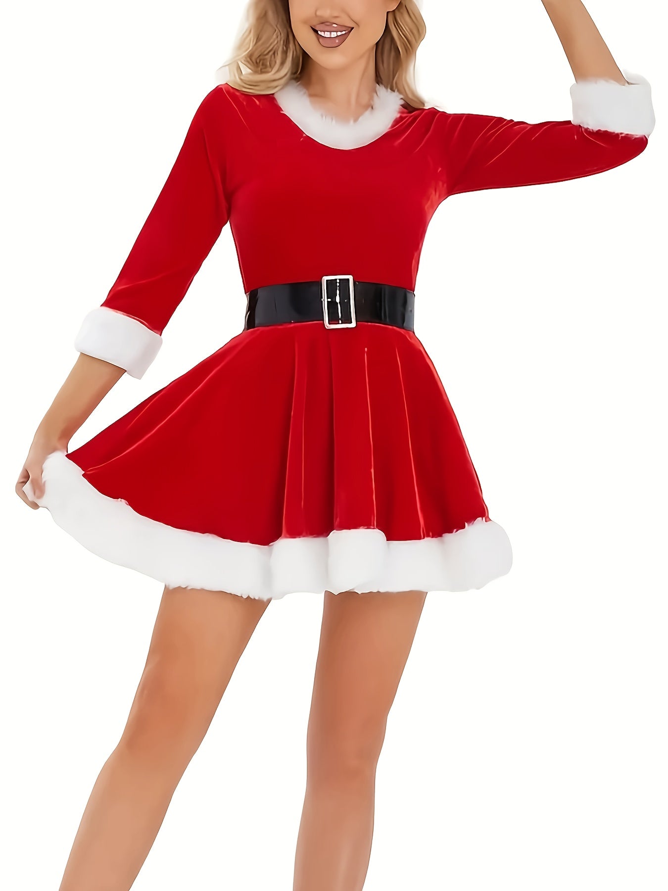 Women's Christmas Dresses, Santa Claus Role-playing Costumes, 5pcs Set, Velvet Round Neck, 3/4 Sleeves with Skirt, Hat, Socks, Belt, Gloves, Plush Decorations, Clothing On /promotion/bestseller