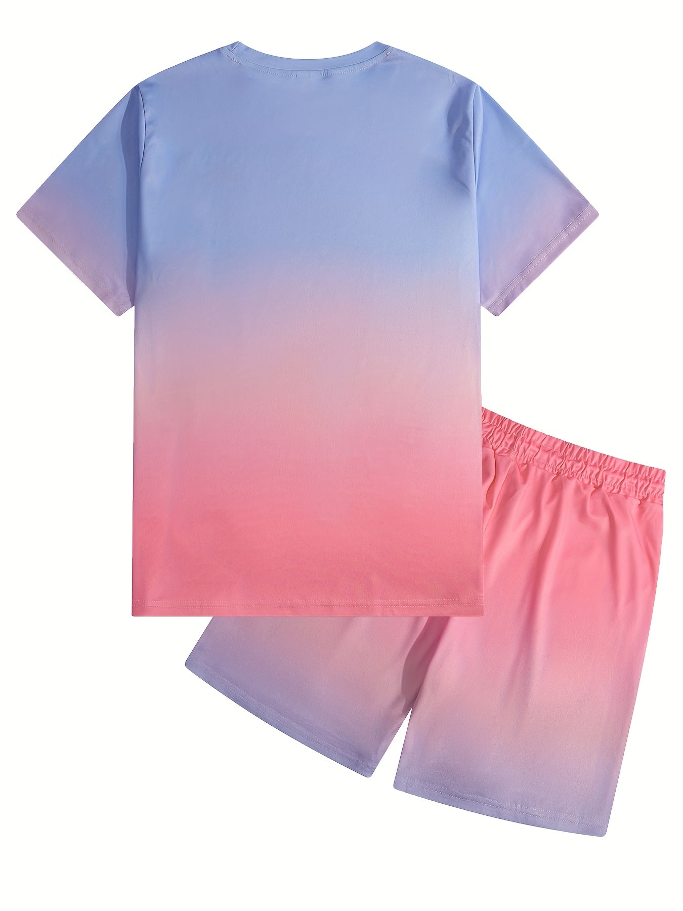 Men's stylish sportswear two piece set, casual crew neck t-shirt and shorts, 100% polyester, full coverage print, slight stretch, regular fit, summer sweatshirt