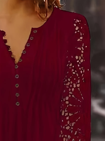 Casual Women'S Clothing in Larger Sizes, Featuring a Comfortable Blouse with Lace Hem Sleeves, a Pleated Design, And a Easy Button-Up T-Shirt Suitable for Home, Leisure, And Outdoor Activities