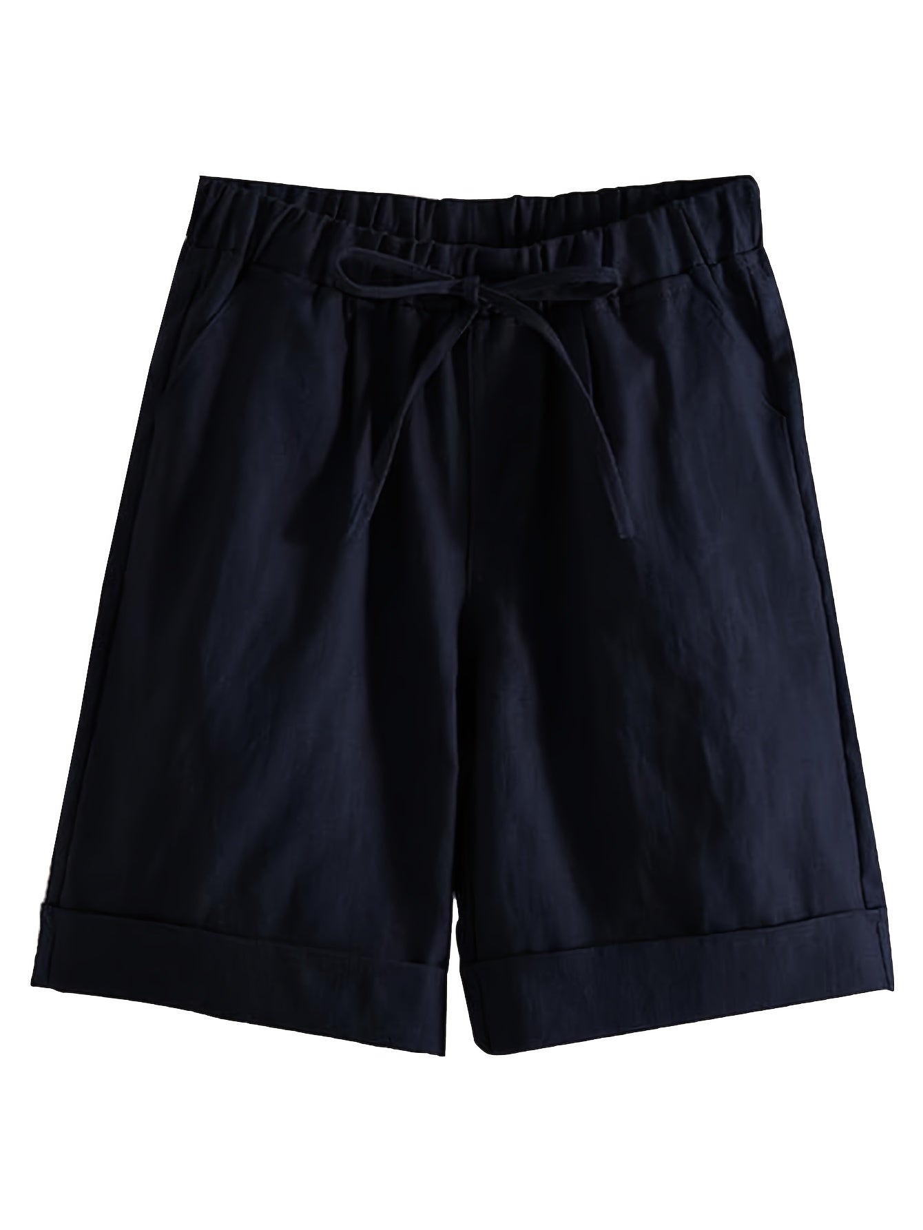 Solid Color Drawstring Comfy Shorts, Casual Rolled Hem Pocket Shorts for Spring & Summer, Women's Clothing