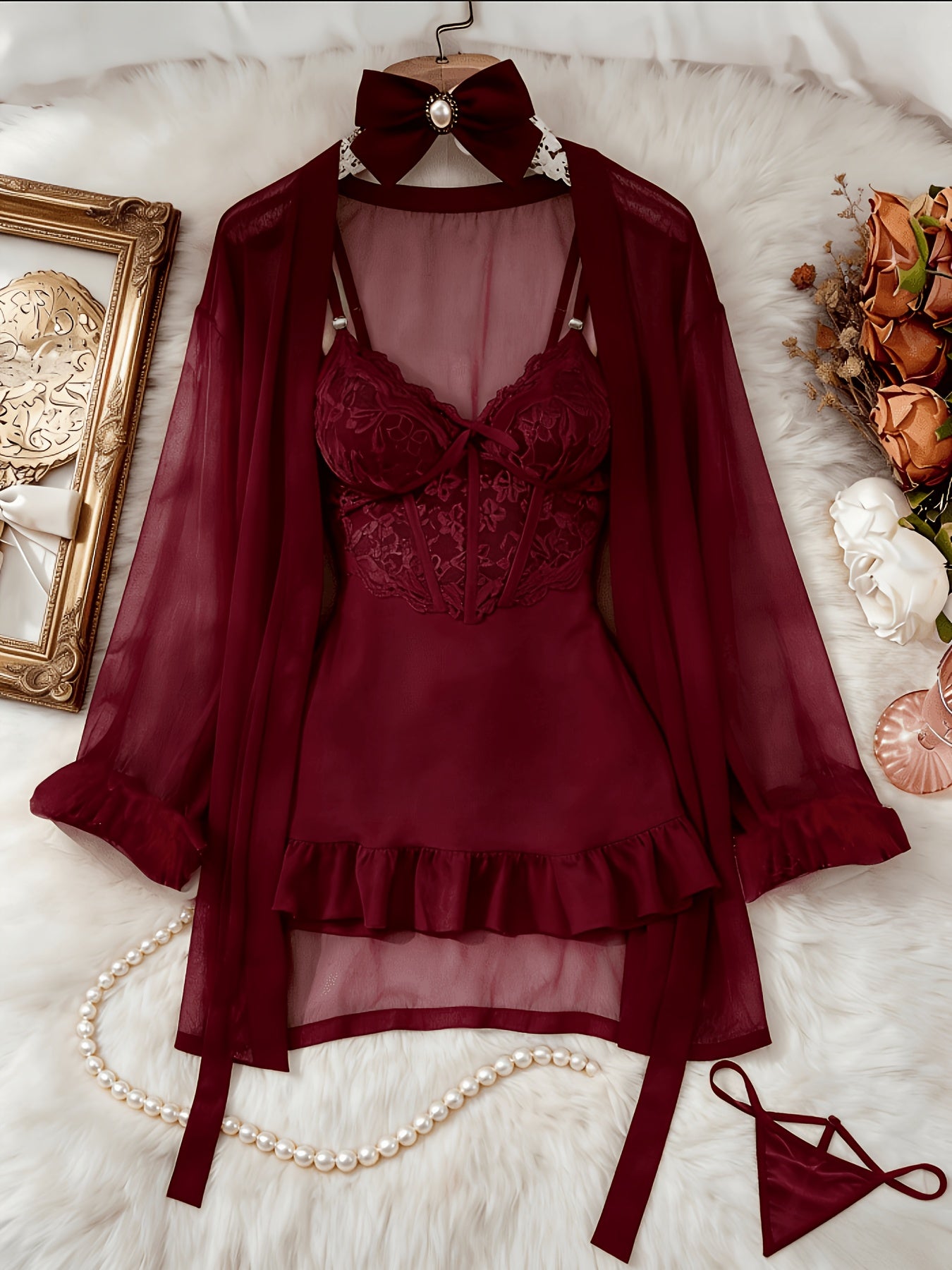 [3pcs Sheer Lace Set] Women's Lingerie 3pcs Sheer Lace Babydoll Set With Robe And Panty See Through Trim Mesh Sleepwear Sexy Nightwear