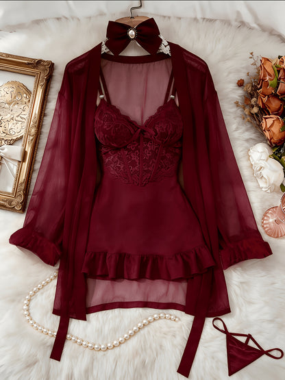 [3pcs Sheer Lace Set] Women's Lingerie 3pcs Sheer Lace Babydoll Set With Robe And Panty See Through Trim Mesh Sleepwear Sexy Nightwear