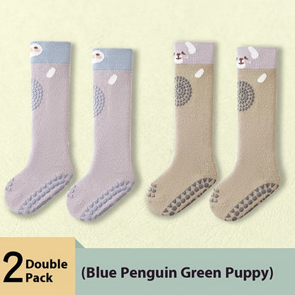 2 Pairs & Long Knee-High Socks with Non-Slip Sole - Crawling Socks Suitable for Spring, Fall, Winter | Soft Elastic for Walking | Cute,,, Dog & More Patterns (Hand Wash Only)