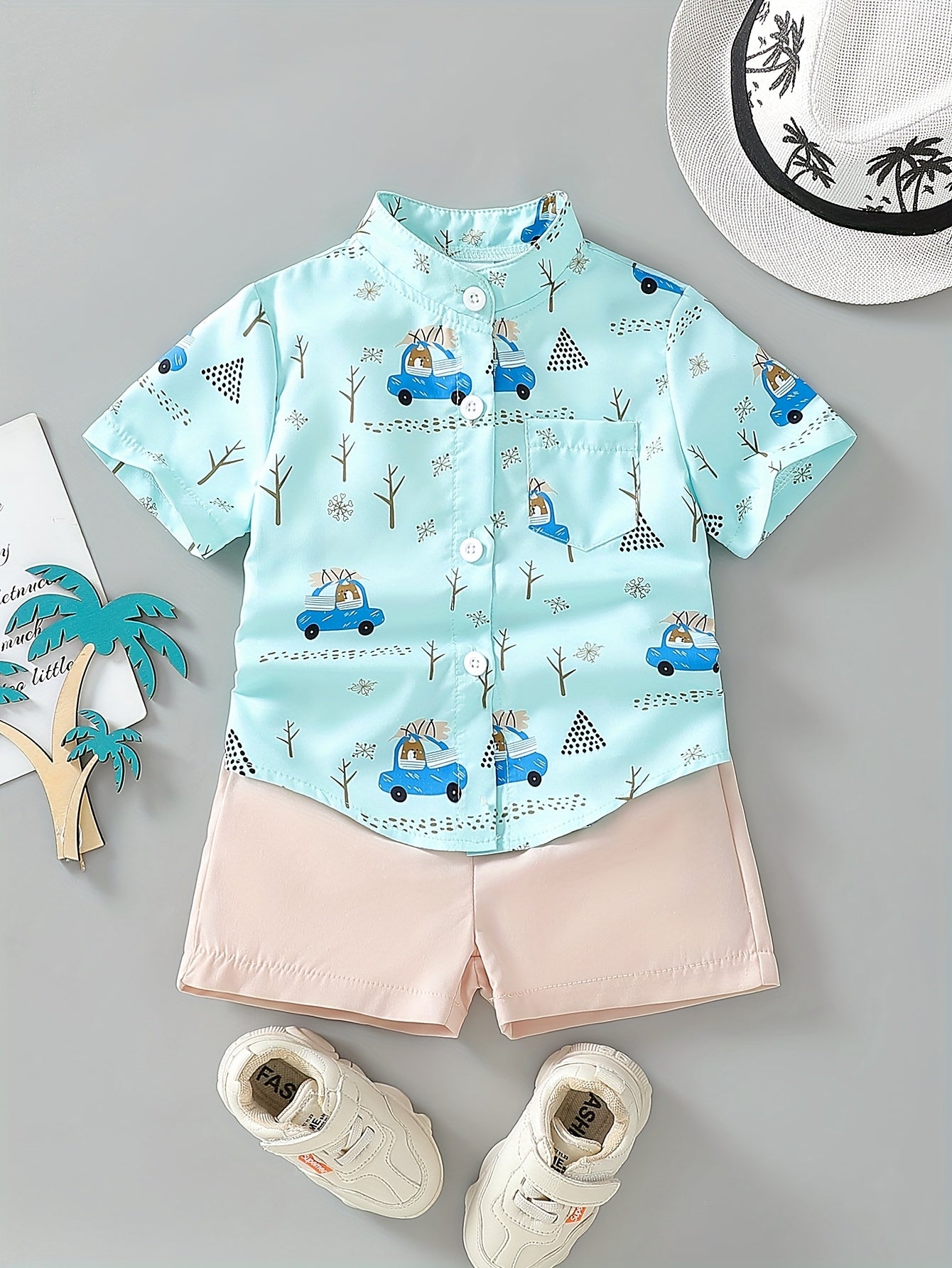 Summer Attire for Young Boys: A Two-Piece Beach Featuring a Button-Up Shirt with Cartoon Car Design And Plain Shorts, for Outdoor
