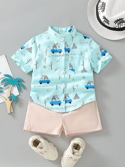 Summer Attire for Young Boys: A Two-Piece Beach Featuring a Button-Up Shirt with Cartoon Car Design And Plain Shorts, for Outdoor