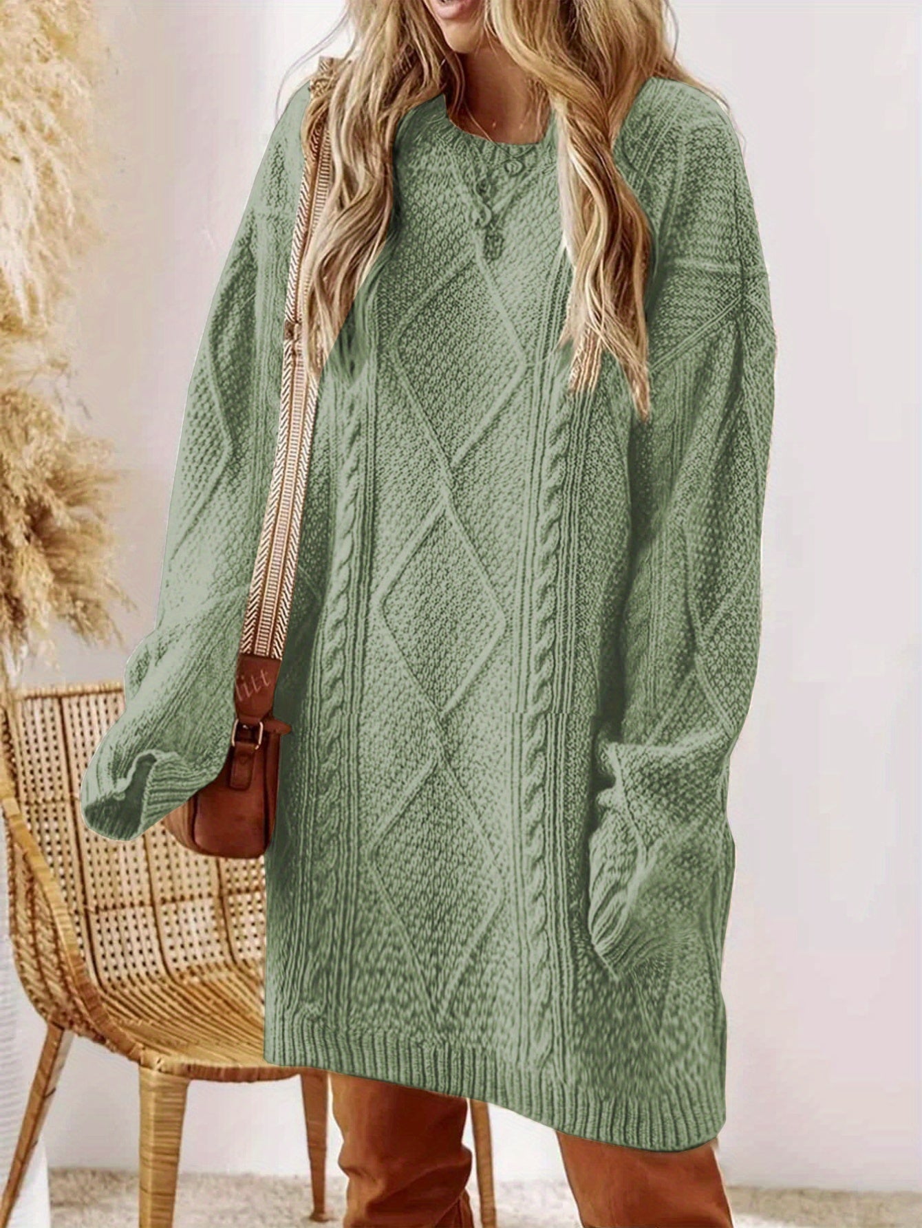 Plus Size, Beige Cable Sweater Dress - Oversized Slouchy Mid-Length Dress with Drop Shoulder, Cozy Winter Dress for Fall/Winter, Beige Cable Pattern Pullover, Elegant Casual to Dressy Wear