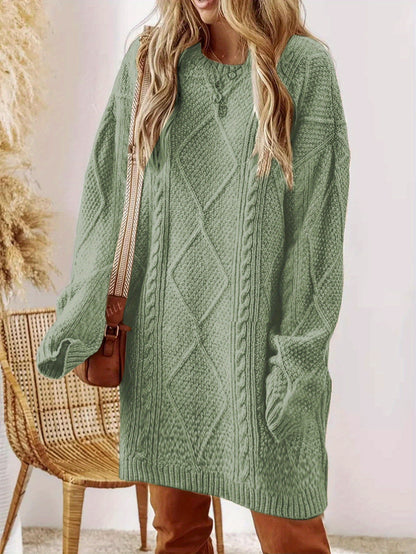 Plus Size, Beige Cable Sweater Dress - Oversized Slouchy Mid-Length Dress with Drop Shoulder, Cozy Winter Dress for Fall/Winter, Beige Cable Pattern Pullover, Elegant Casual to Dressy Wear