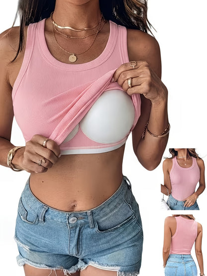 Women'S Padded Ribbed Vest-Seamless Sports Crop Top, with Underwear And Detachable Chest Pad, Breathable Yoga Fitness Base Shirt