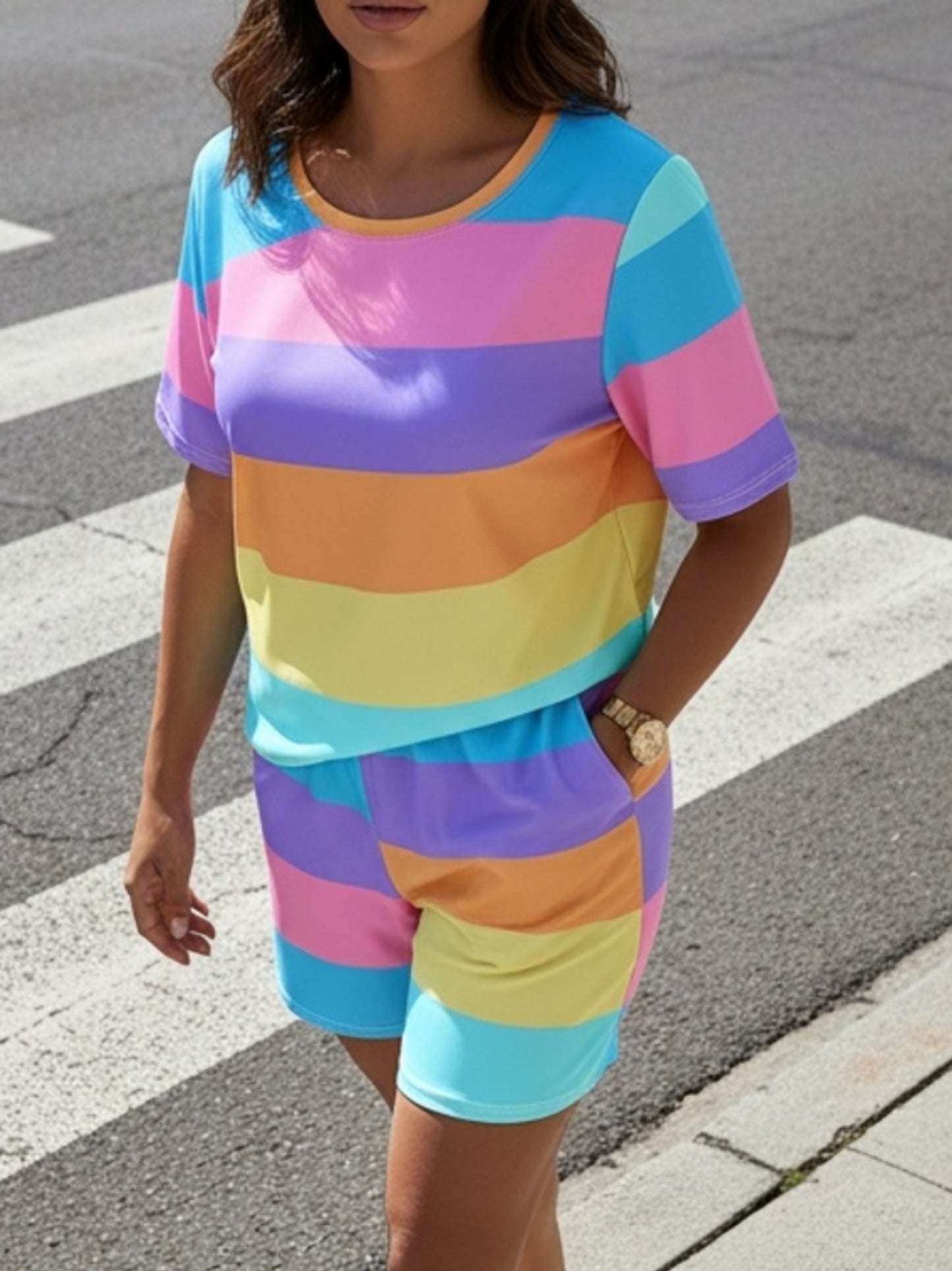 Plus Size, European And American Fashion Color-blocked Stripe Print Casual Shorts Set Plus Size Suit