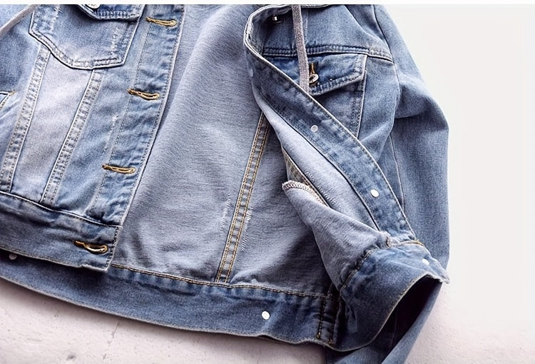 Women'S Casual Denim Jacket, Long-sleeved Hooded Denim Short Jacket, Hat Can Be Removed, Suitable For Spring And Autumn And Any Occasion