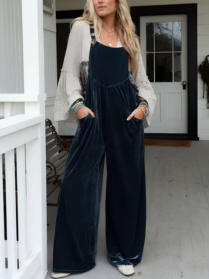 Four Seasons  Solid Velvet Overalls, Glossy Fabric Adjustable Buckle Wide Leg Pants Jumpsuit