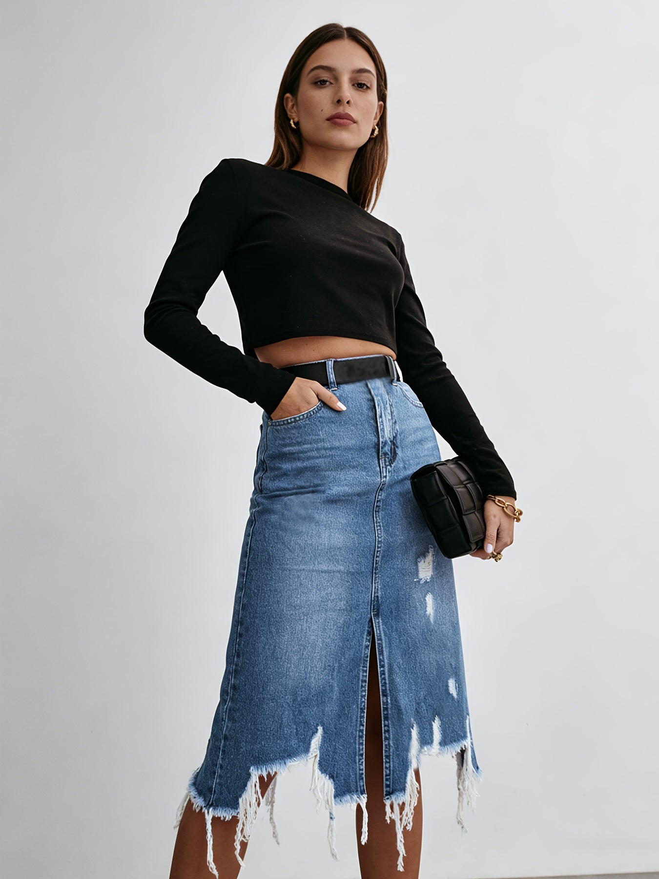 IXBGG 2026 Women's High-Waist Distressed Denim Skirt - Stretch Washed Fringe Hem Asymmetrical Ripped Midi Skirt, Beltless Soft Fringe Suitable for Office, Vacation, Home Wear, Machine Washable for the (No Belt Included)