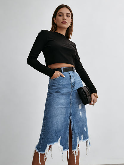 IXBGG 2026 Women's High-Waist Distressed Denim Skirt - Stretch Washed Fringe Hem Asymmetrical Ripped Midi Skirt, Beltless Soft Fringe Suitable for Office, Vacation, Home Wear, Machine Washable for the (No Belt Included)
