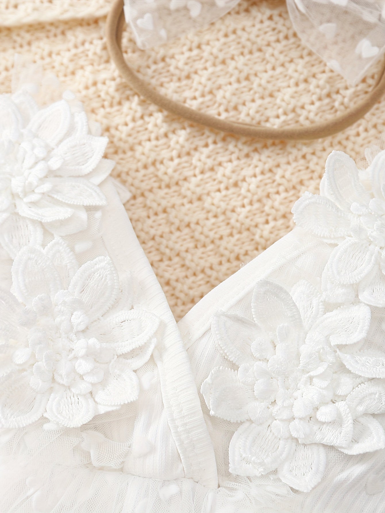 2pcs Set for Baby Girls Featuring a Bodysuit with 3D Embroidered Flowers, a Heart-Shaped Tulle Skirt, Long Sleeves, a V-Neck, And a Matching Bow Headband, Perfect for Newborn Baptism And Royal-Style Dresses for Princesses, for Outdoor