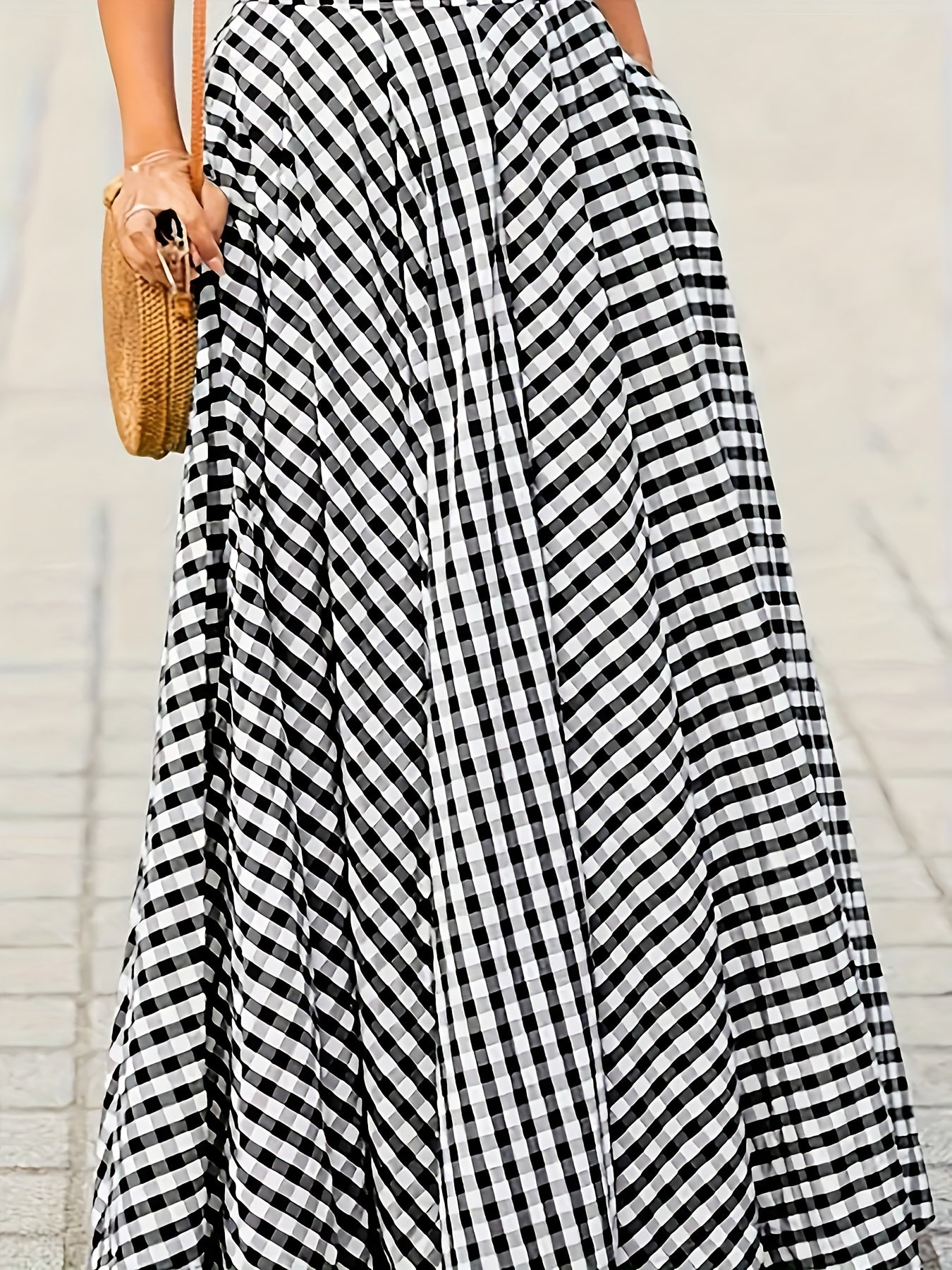 Women'S Elegant Checkered Mid-Length Skirt - High Waist, Flowing A-Line Silhouette, Opaque, Ideal for Spring And Autumn Seasons, Versatile Mid-Length Skirt | Elegant A-Line Skirt | Fashionable Texture
