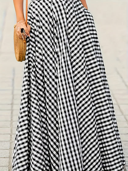 Women'S Elegant Checkered Mid-Length Skirt - High Waist, Flowing A-Line Silhouette, Opaque, Ideal for Spring And Autumn Seasons, Versatile Mid-Length Skirt | Elegant A-Line Skirt | Fashionable Texture