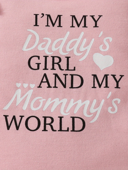 Baby Girl's "Daddy's Girl Mommy's World" Print Lovely Outfit, Short Sleeve Romper & Headband & Heart All-over Print Shorts, Baby Girl's Clothes