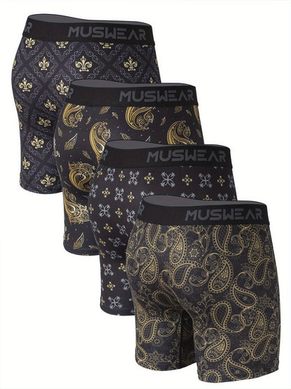 4pcs Men's Quick-Dry Boxer Briefs - Moisture-Wicking, Breathable with Side Openings, Baroque Print, Stretchy Polyester & Spandex Blend, Machine Washable