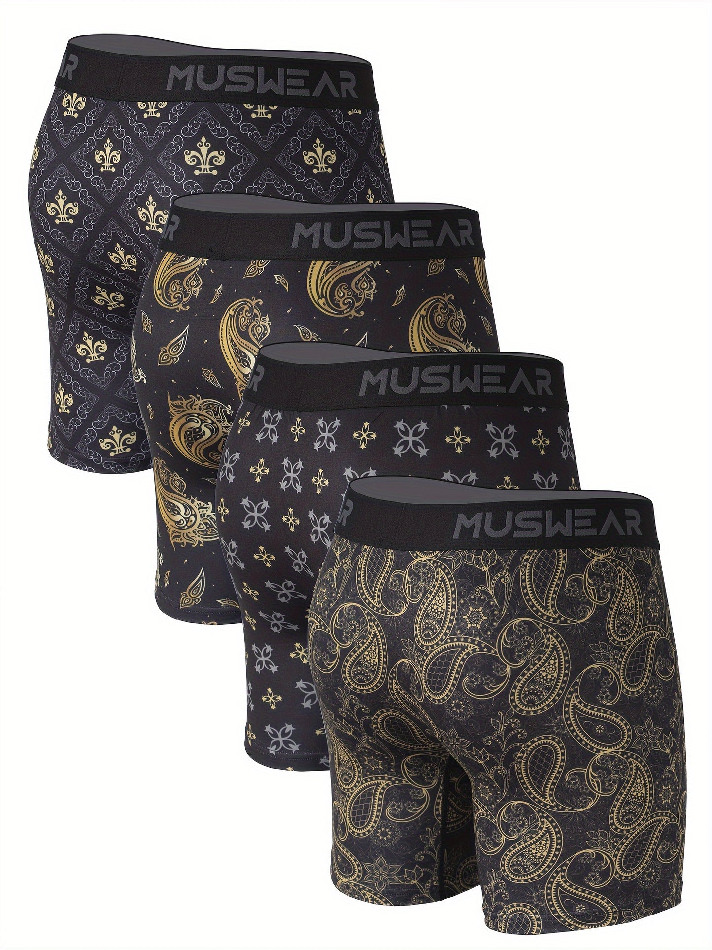 4pcs Men's Quick-Dry Boxer Briefs - Moisture-Wicking, Breathable with Side Openings, Baroque Print, Stretchy Polyester & Spandex Blend, Machine Washable