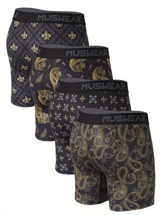 4pcs Men's Quick-Dry Boxer Briefs - Moisture-Wicking, Breathable with Side Openings, Baroque Print, Stretchy Polyester & Spandex Blend, Machine Washable