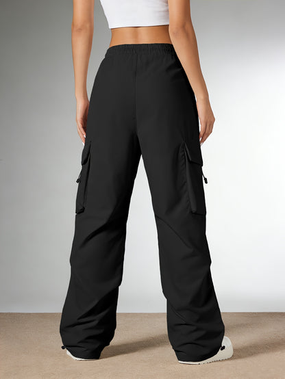 Women'S Casual Cargo Pants, Elastic High Waist Drawstring Loose Wide Leg Trousers, Multi-Pocket Utility Pants, Lightweight Quick Dry, Streetwear Y2K Style, Hiking Outdoor Jogger Pants for Daily/Travel/Workout, Black/Gray/Khaki