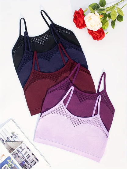 5pcs Multi-Color Seamless Sexy Hollow Out Breathable Fishing Net Outer Wear Daily Bra And Seamless Adjustable Straps Casual Ladies Camisole Tank Bra