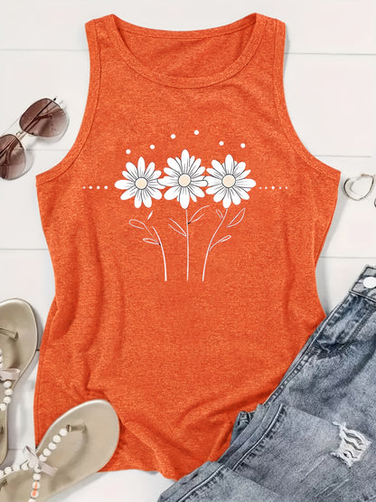 [Lightweight Summer Tops] Flower Pattern Print Crew-Neck Vest, Casual Sleeveless Women's Tops, Lightweight And Breathable, Suitable For Summer And Spring, Women's Clothing