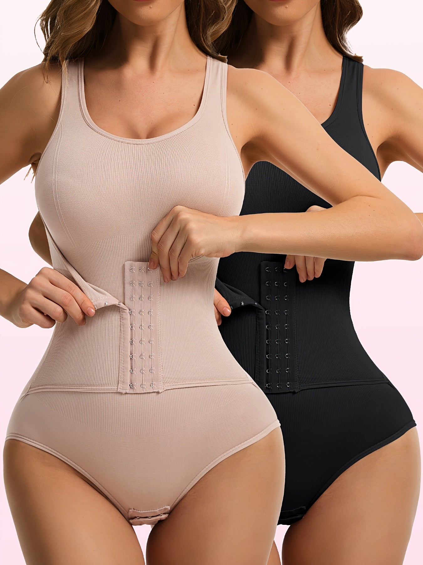 2pcs Solid Tummy Control Bodysuit with Abdominal Control - Bodysuits for Women with Seamless Butt Lifting, Snap Crotch, Slimmer Body Shaping, Underwear & Postpartum Shapewear Features