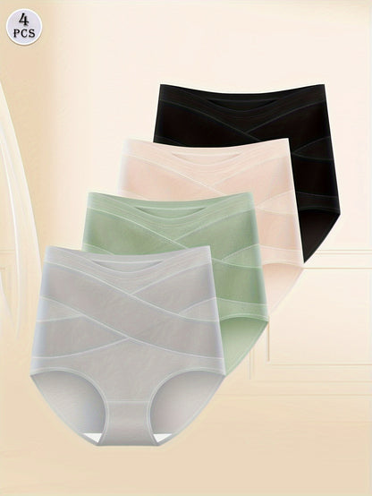 4pcs High Waist Crossover Tummy Control Briefs, Seamless Soft Stretchy Breathable Full Coverage Intimates Panties, Women's Lingerie & Underwear