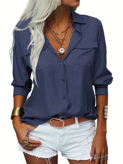Women's Solid Color Lapel Long Sleeve Button- Shirt - Casual & Office Versatile Blouse, Machine Washable Spring/Fall Top with Classic Collar Design