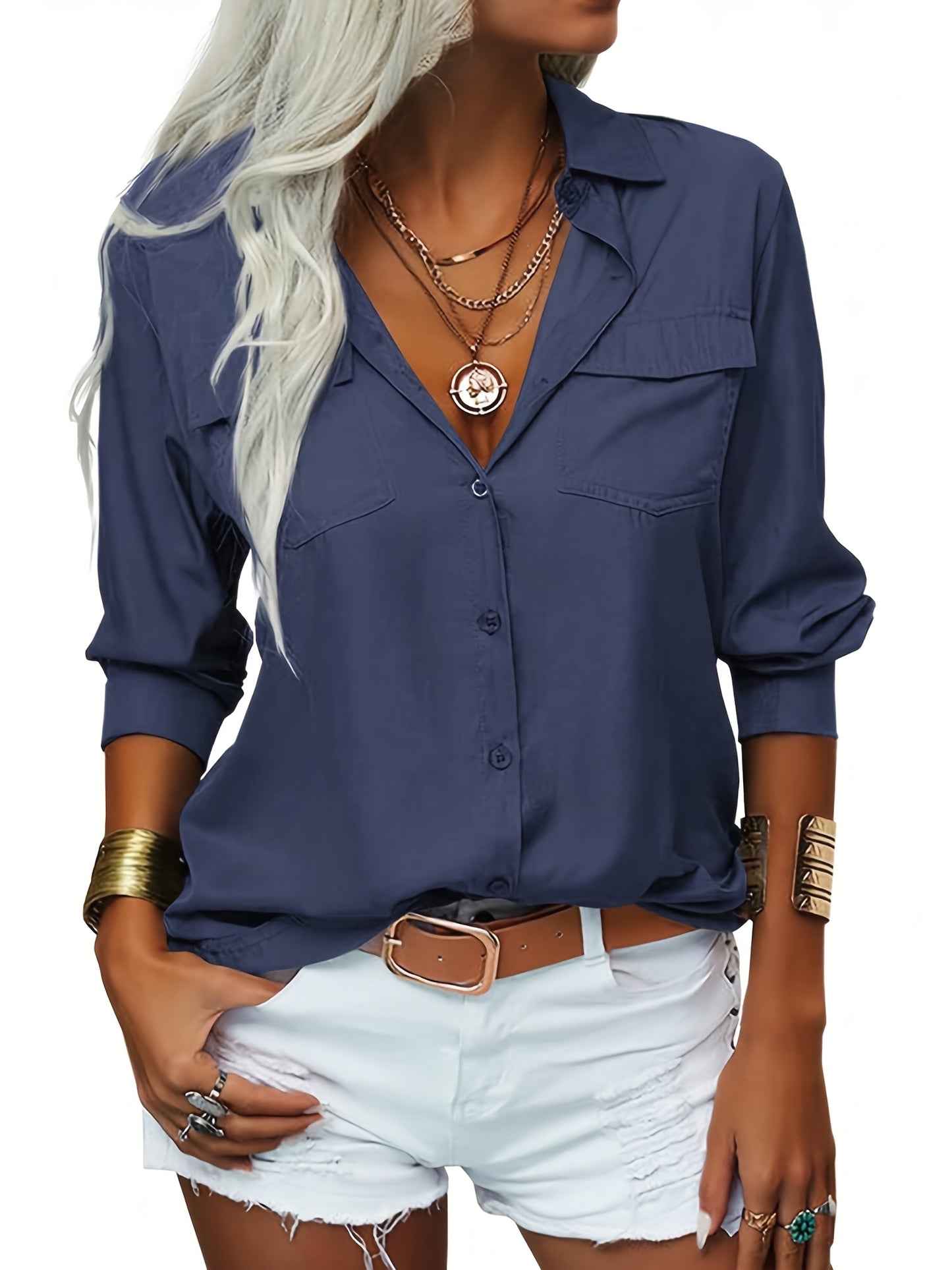 Women's Solid Color Lapel Long Sleeve Button- Shirt - Casual & Office Versatile Blouse, Machine Washable Spring/Fall Top with Classic Collar Design