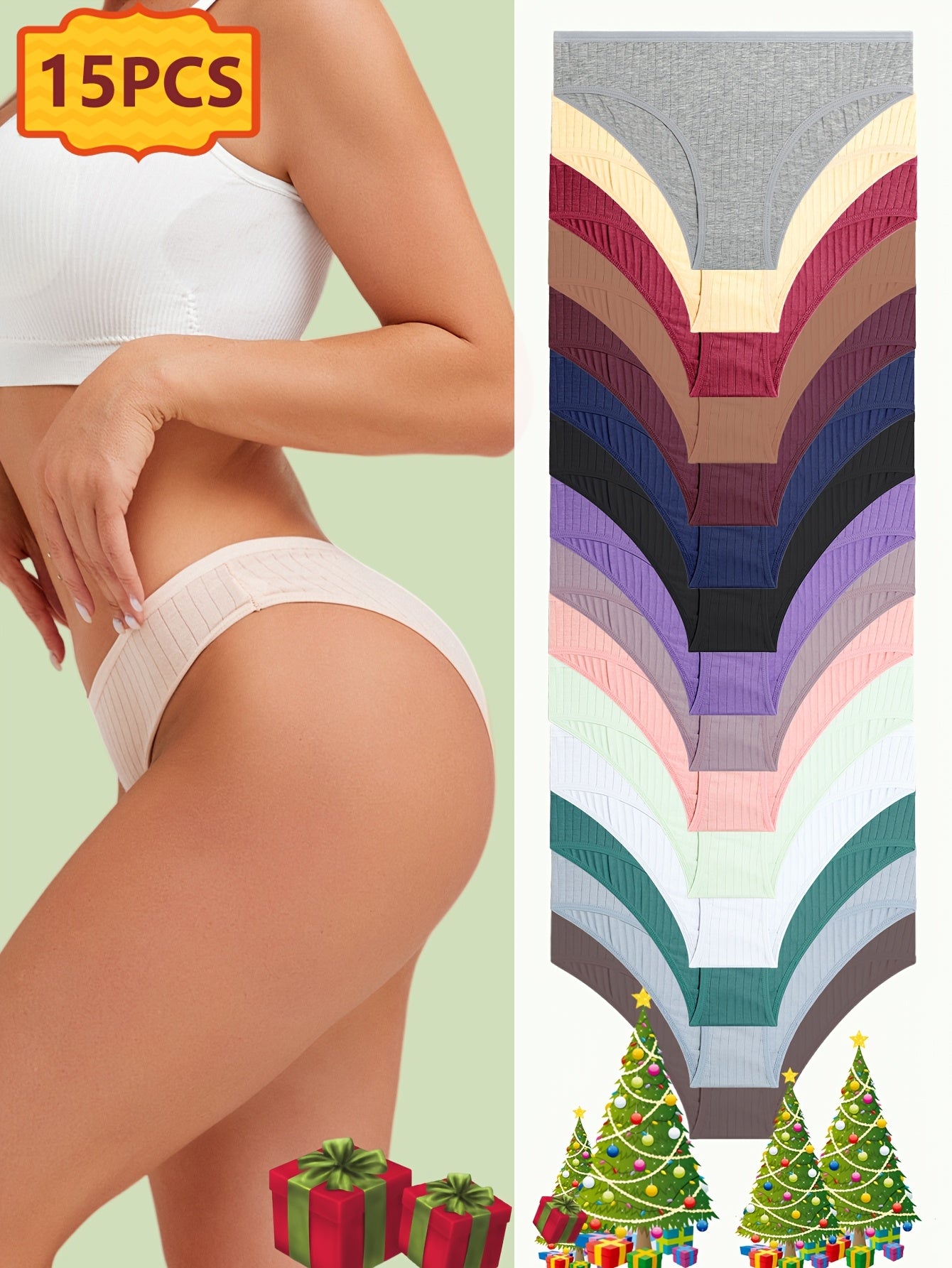 15pcs Women's Underwear, Vertical Striped Solid Color Triangle Pants, Suitable for Daily Commuting, Women's Underwear And Panties