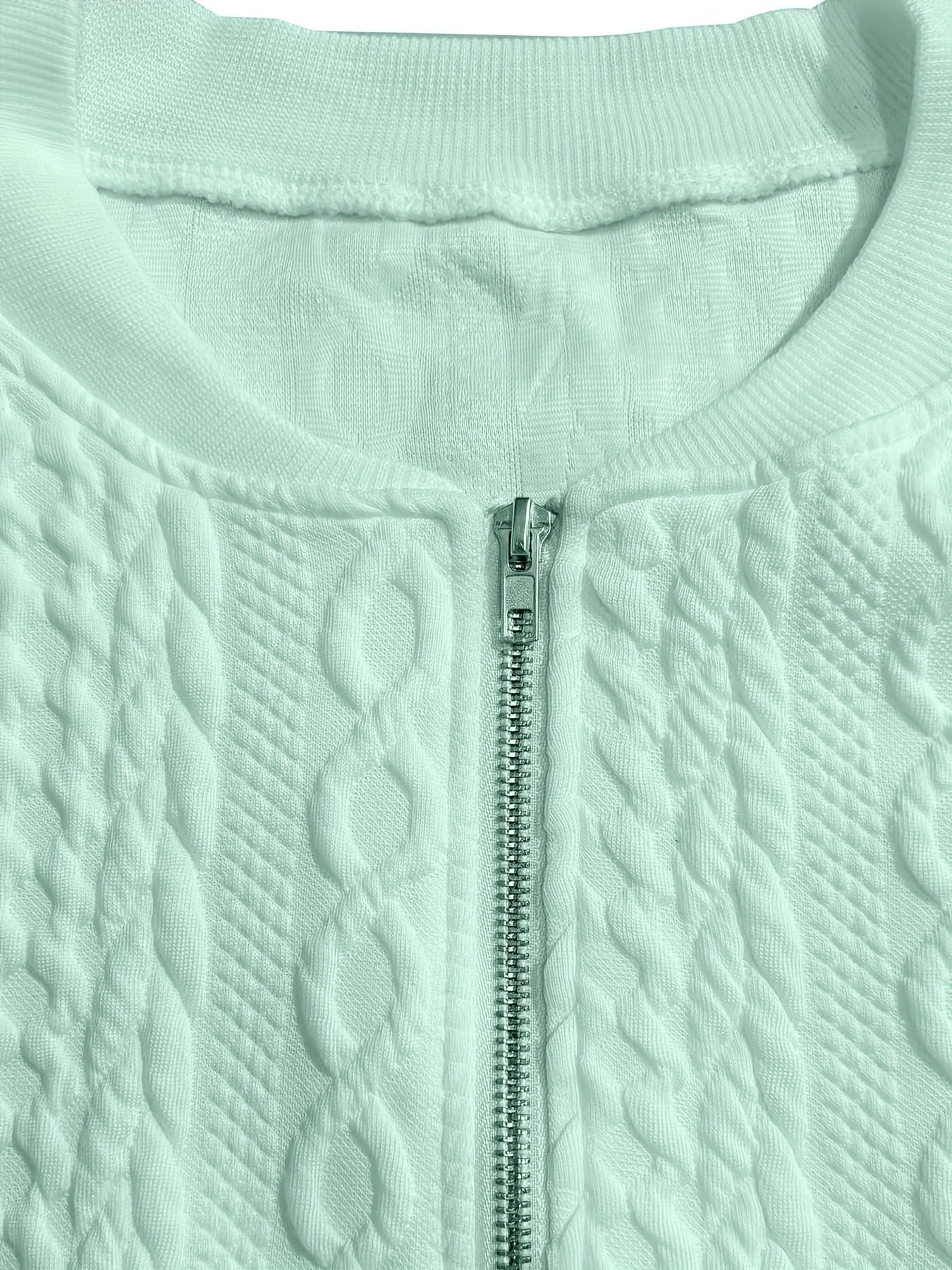 Plus Size, Plus Size Zip Up Textured Solid Jacket, Casual Long Sleeve Outerwear for Fall & Spring, Women's Plus Size Clothing