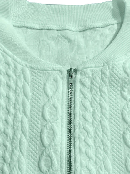 Plus Size, Plus Size Zip Up Textured Solid Jacket, Casual Long Sleeve Outerwear for Fall & Spring, Women's Plus Size Clothing