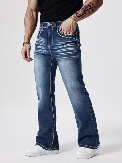 ESDVQ Men's Slim-Fit Classic Washed Denim Bell-Bottom Jeans - Mid-Stretch Machine-Washable Flared Pants with Suitable for All-Season Wear, Comfortable Stretchable Bell-Bottoms for Casual & Dressy Outfits