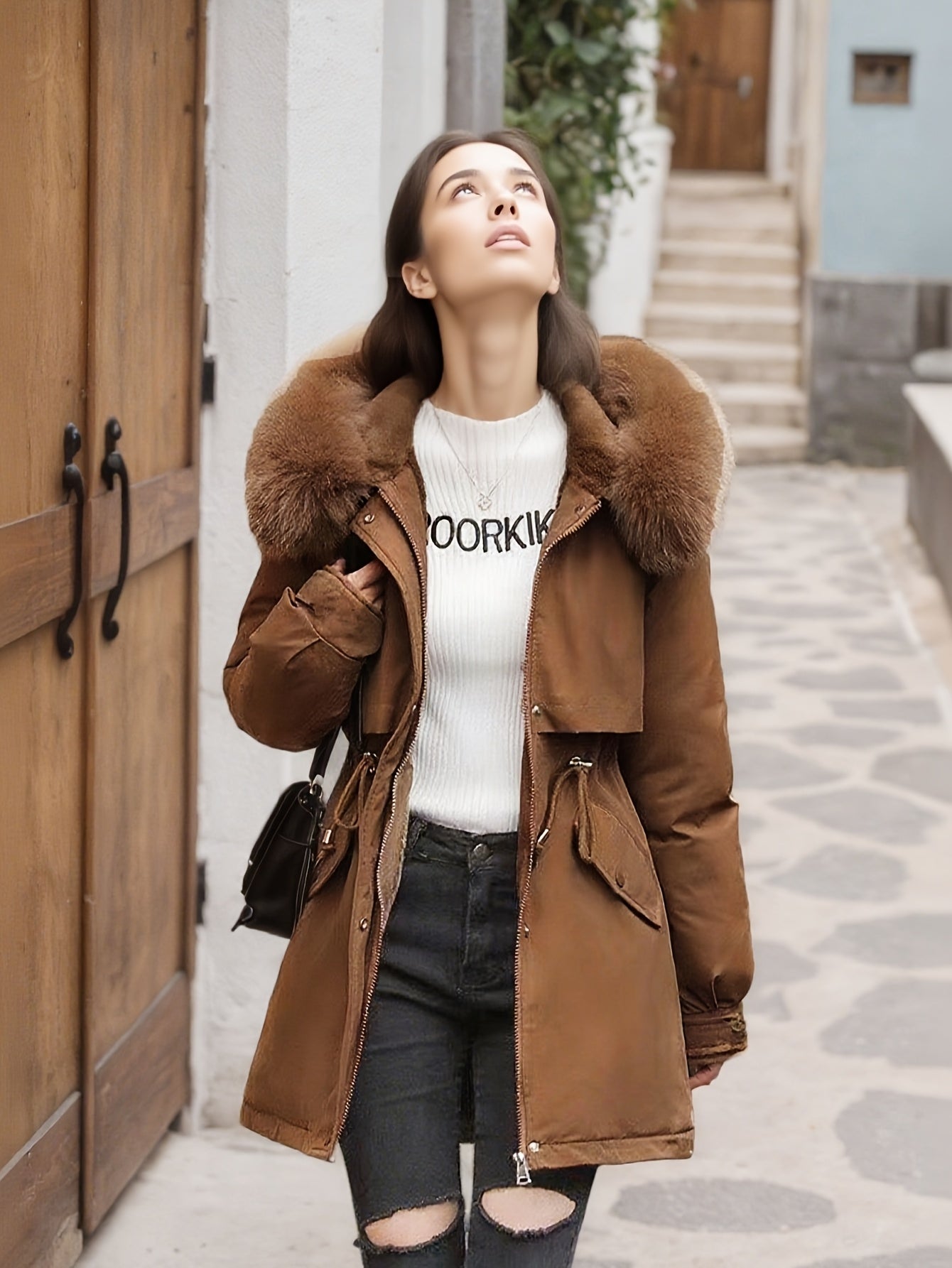 Women's Parka Coat 2025 Winter Thickened Padded Coat, Fashionable and Versatile with Detachable Collar, Waist Drawstring Design, and Lining