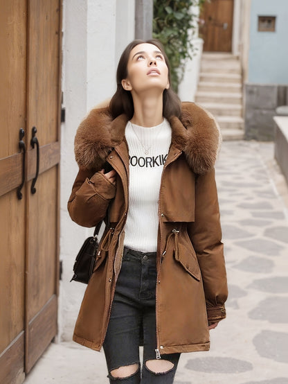 Women's Parka Coat 2025 Winter Thickened Padded Coat, Fashionable and Versatile with Detachable Collar, Waist Drawstring Design, and Lining