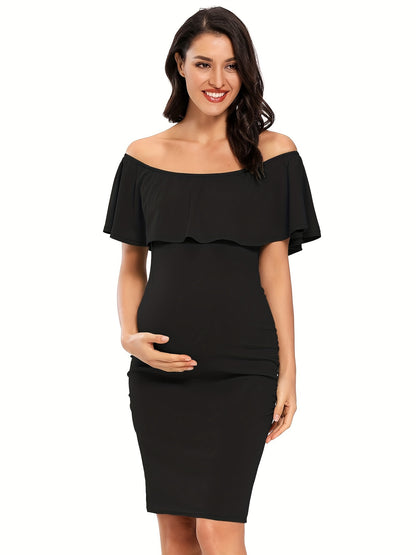 Women's Maternity Dress Off Shoulder Ruffle Sleeveless Bodycon Dress for Baby Shower