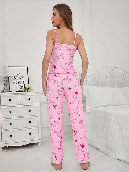 3pcs Floral And Butterfly Print Pajama Set - Long Sleeve Belted Robe & Cami Top & Pants Lounge For All Seasons