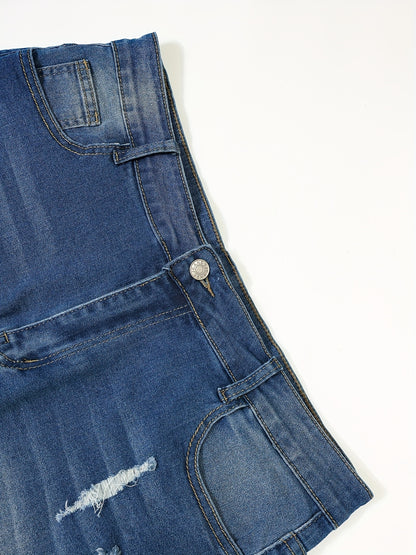 Oversized Distressed Lace Denim Cutoffs
